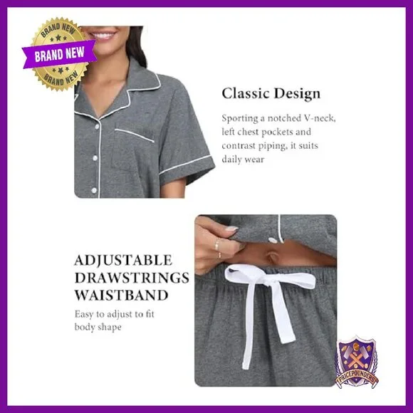 100% Cotton Pajama Set Short Sleeve Button Down Top Capri Pants
